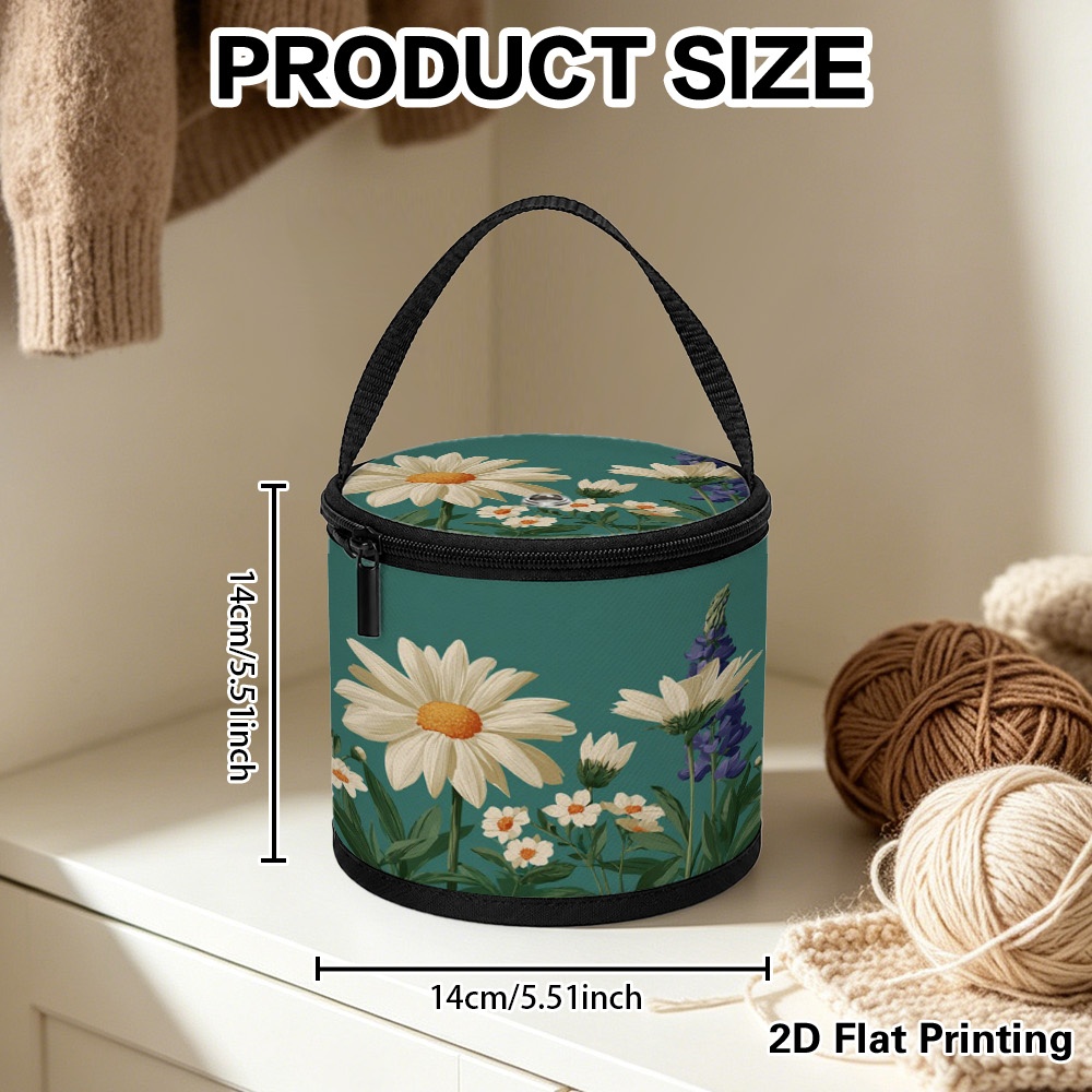 TEMU 1pc White & Purple Floral Yarn Storage Bucket With Yarn Guide Hole & Zipper Top - Portable Knitting Tote Suitable For Craft Classes, Crochet,