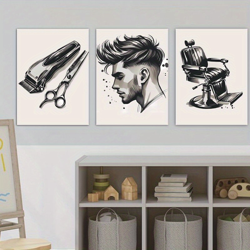 

3pcs Canvas Set, Barber Shop Themed Decor With Hairdryer, Scissors, And Chair Prints, 30x40cm, Ideal For Living Room And Bedroom