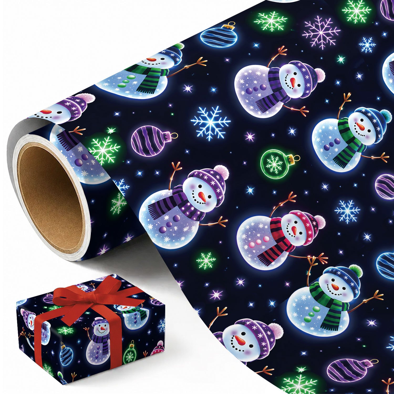 TEMU 1 Roll Christmas Snowman Wrapping Paper - Xmas Neon Snowflake Pattern, - Measuring 45cm × 300cm (17.7in × 118in)