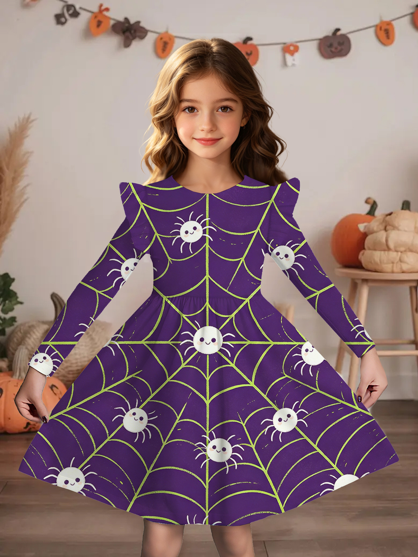 item picture printed design not textured 2d printing halloween     full print fashion trend girls spring autumn style flutter sleeve long sleeve dress purple spiderweb with white flowers cute sweet novelty beautiful holiday gift