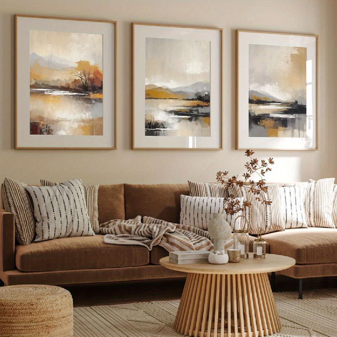 TEMU 3pcs Set, Wall Art, Fashion Poster, Beautiful And Bright Abstract Lake Art Print, Autumn Yellow Trees Canvas Painting, Living Room Decoration,