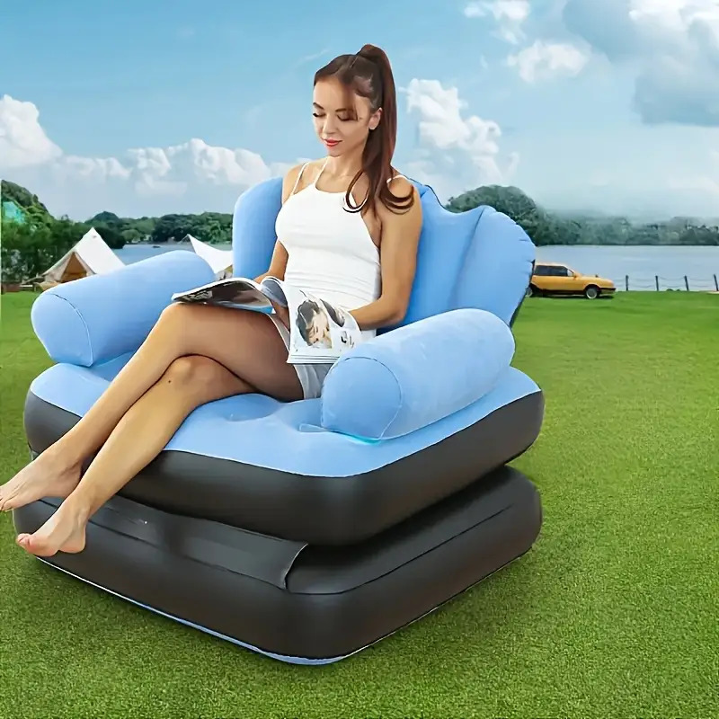 portable inflatable camping sofa chair- thickened pvc, quick inflation/deflation, multifunctional air bed for adults- foldable lazy sofa, suitable for camping, travel, beach, garden, and balcony- blue/khaki, tent for camping, camping mat, camping couch, camping air mattress, camping accessories, camping beds for couples, camping sleeping pad, camping pad, air sofa camping, camping mattress pad, beach lounger, balcony furniture, spacesaving furniture, compact sofa, Product details 6