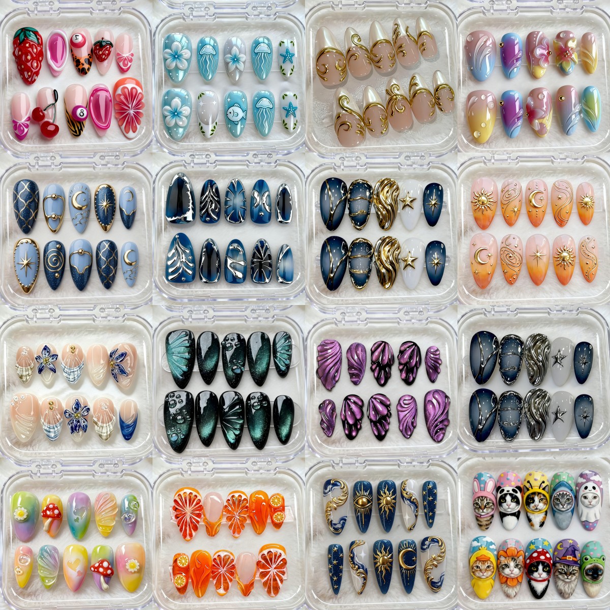 TEMU 40pcs Random Assorted 3d Embossed Golden-plated Floral, Fruit, And Animal Press-on Nails, Summer Wearable Nails, Sweet Vacation Fake Nails,