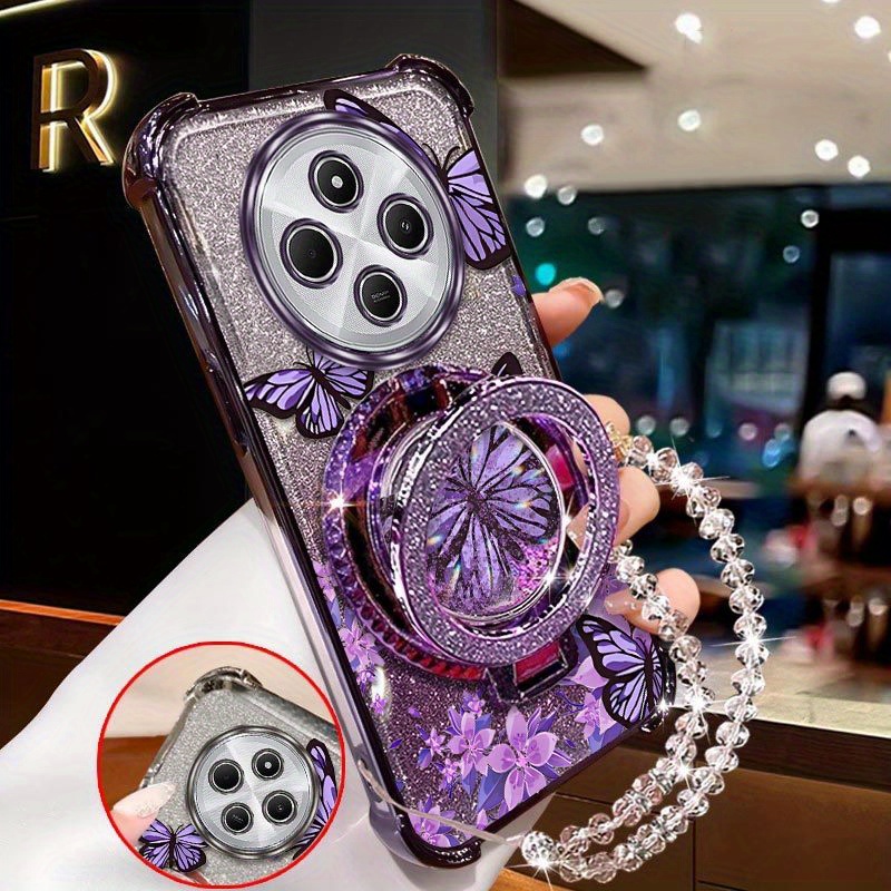TEMU para teléfono: 14C 4G, diseño de mariposas moradas con soportes circulares y cordones transparentes de cuentas, fabricada con material ,