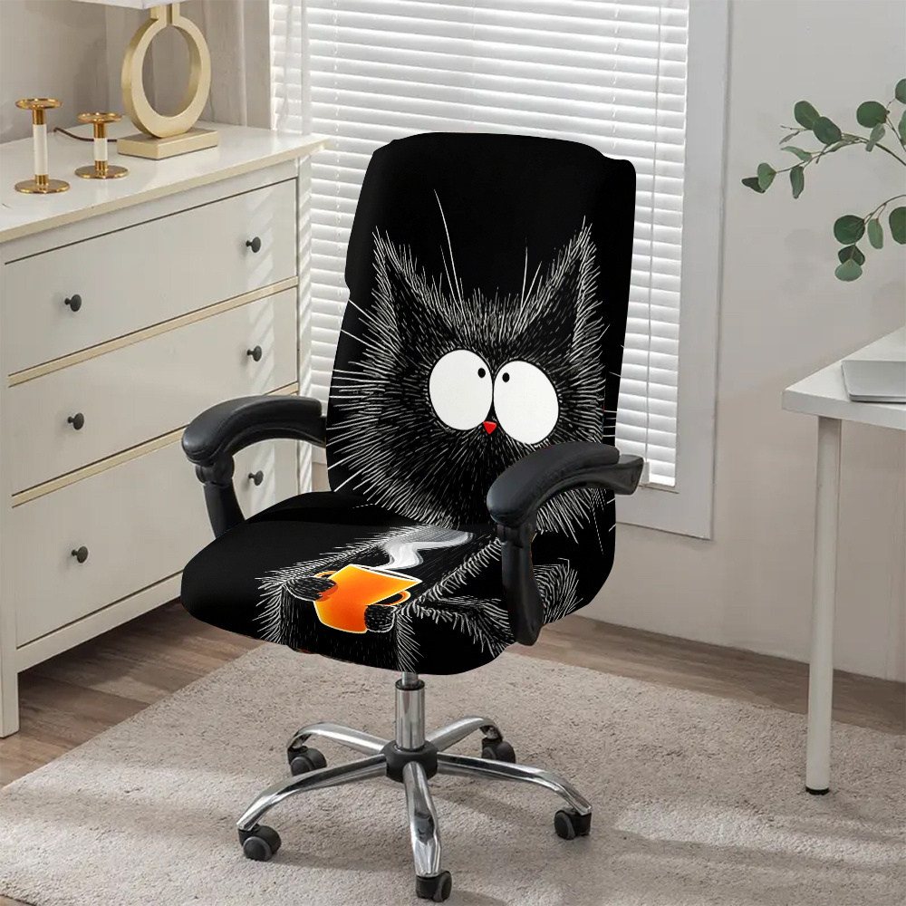 TEMU 1pc Fluffy Black Cat Office Chair Cover, Fabric With Elastic Detachable And Machine Washable Chair Cover. Suitable For Office, Bedroom And Game