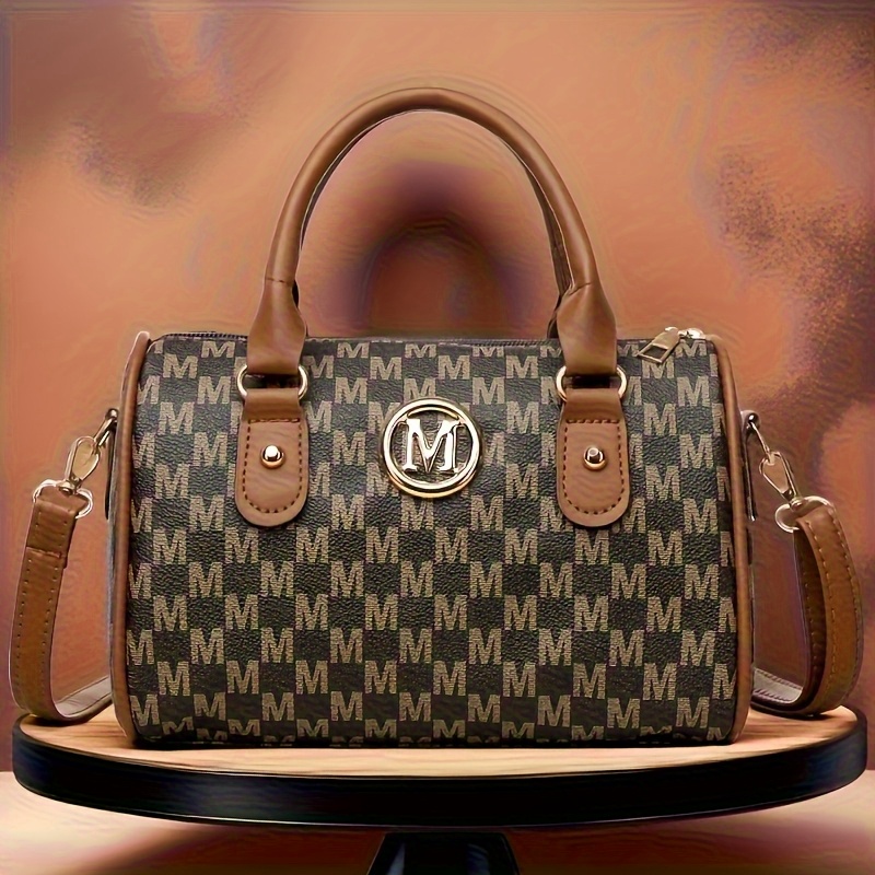 TEMU Women's Fashion Letter Print Crossbody Bag, With Golden 'm' Logo, Detachable Shoulder Strap And Top Handle- Lightweight, Suitable For Daily ,