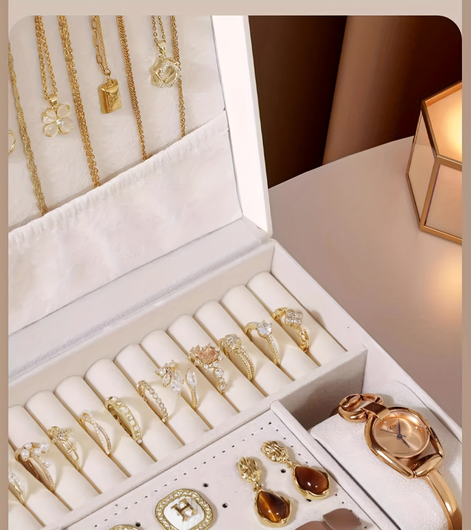 Estuche de Almacenamiento para Joyas de Cuero Sintético con Estilo, Caja de Joyería con Tres Cajones, Elegante Caja de Exhibición para Escritorio, Múltiples Compartimentos para Collares, Pendientes, Anillos y Pulseras, Cierre de Botón, Forro de Tela