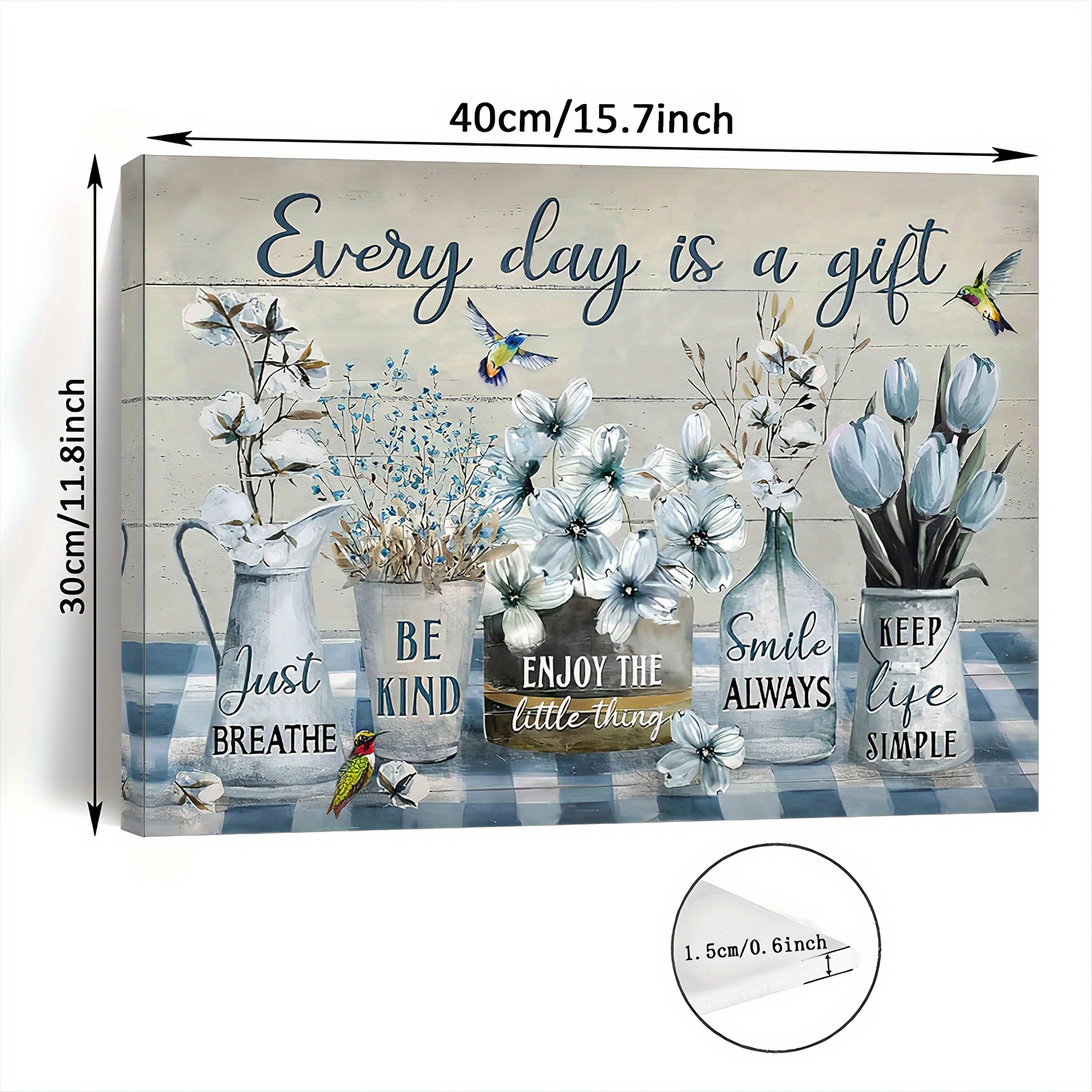TEMU [2D Plat] 1pc Art Mural sur Toile Encadrée - Peinture Florale de Ferme avec Vases Floraux , & Oiseaux - Cadre en Bois Rustique - Décor Vintage -