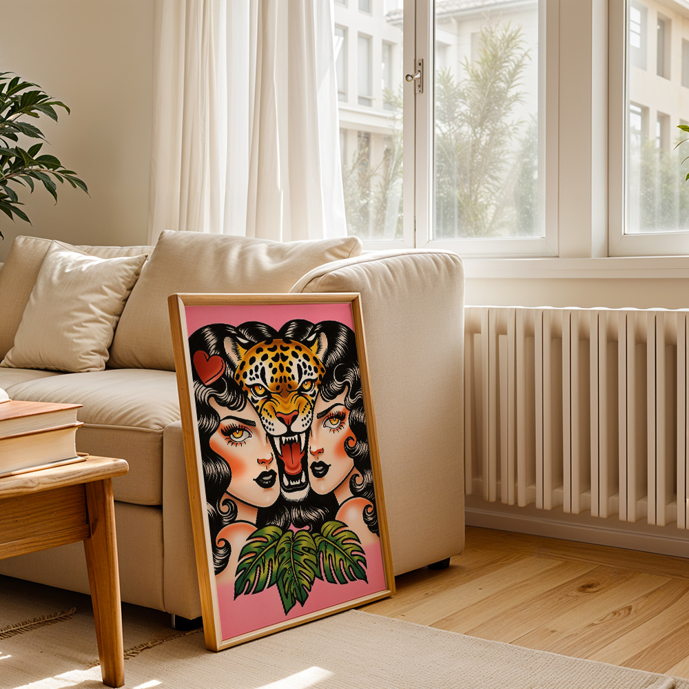TEMU 2d Flat, Retro Leopard & Female Figure - Vintage Tattoo Style Horizontal Canvas Print Suitable For Living Room,, Salon - Ink Canvas Unframed For