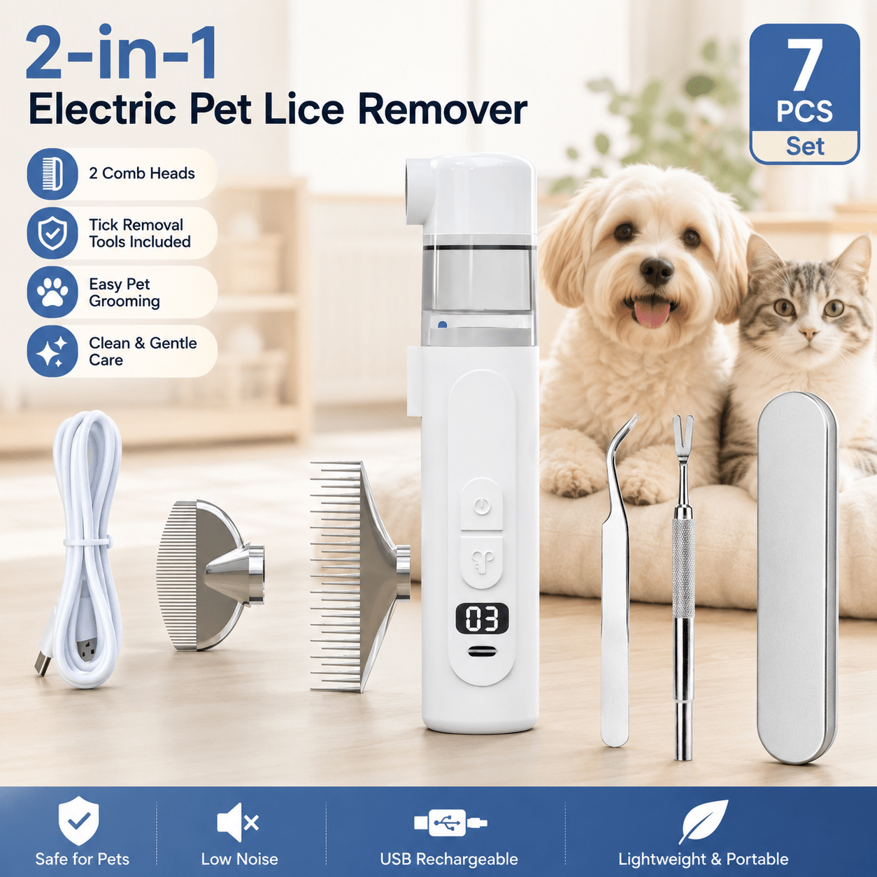 7pcs electric pet   flea comb suitable for dogs cats usb rechargeable portable flea removal tool with 2 comb heads tick remover kit with case grooming brush for   fur care usb for travel gift
