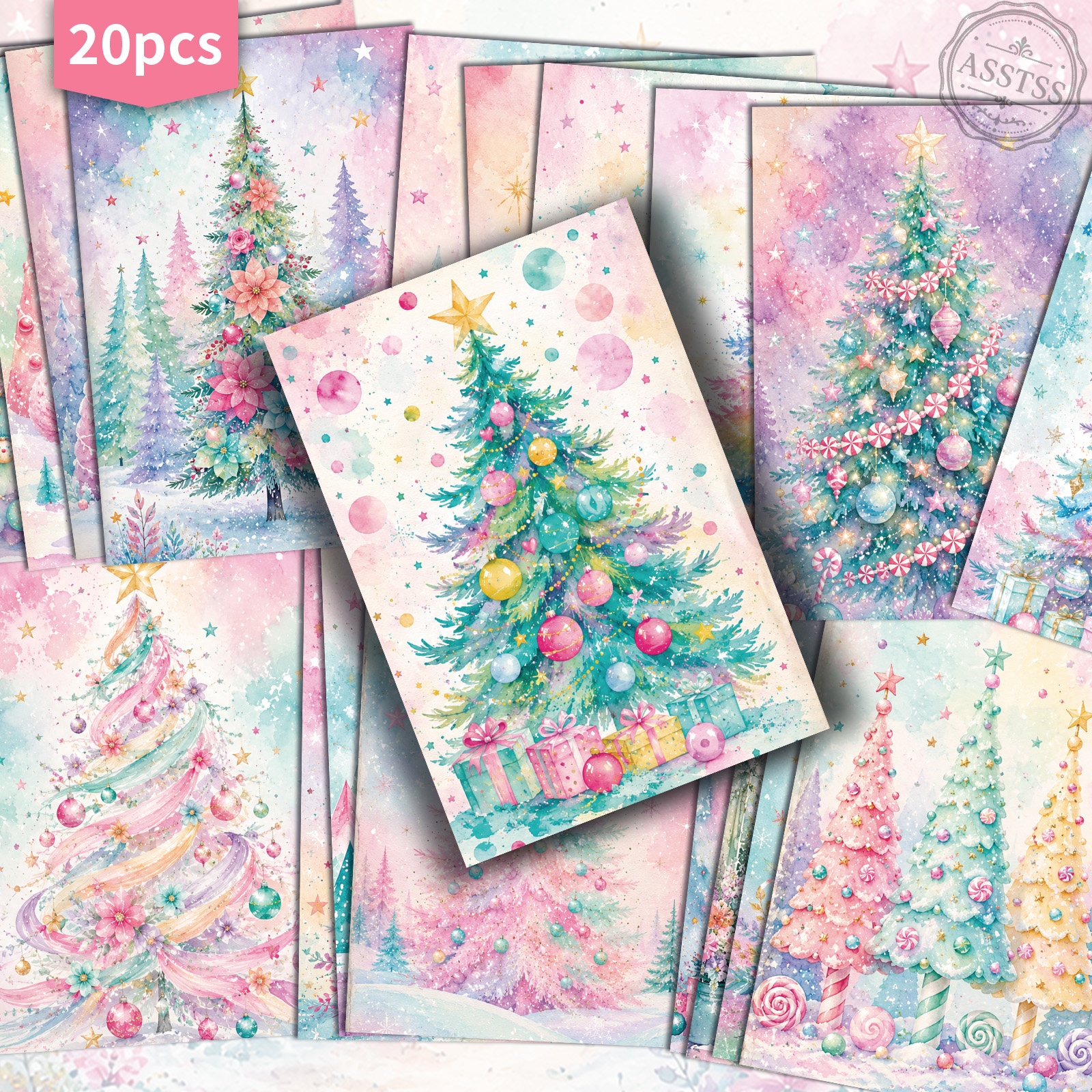 TEMU Lot de 20 cartes postales ASSTSS Sapin de Noël aquarelle - 4x6 pouces Fournitures rétro pour journal de récupération, Illustrations classiques,