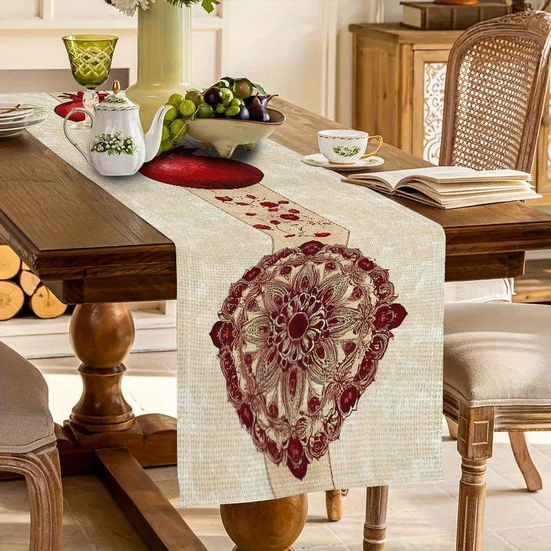 TEMU 1pc Pomegranate-themed Table Runner - Vintage Beige With Vibrant Red Pomegranate Design, Intricate Vine & Seed Patterns, Exquisite Mandala