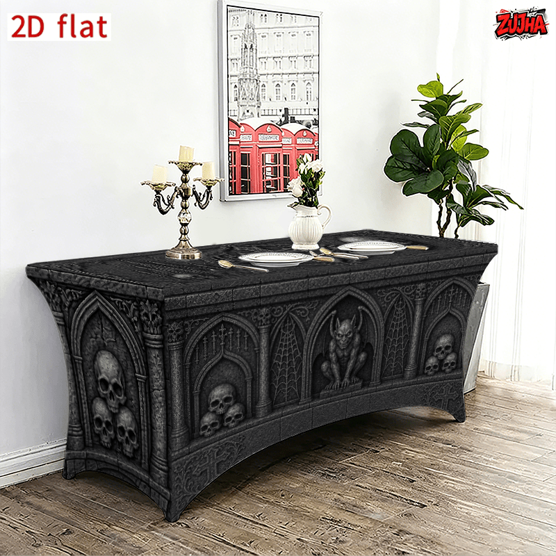 TEMU 1 pièce Nappe de table extensible entièrement ajustée et élastique 2D à plat, Nappe gothique pour décoration de fête d'Halloween et du Jour des