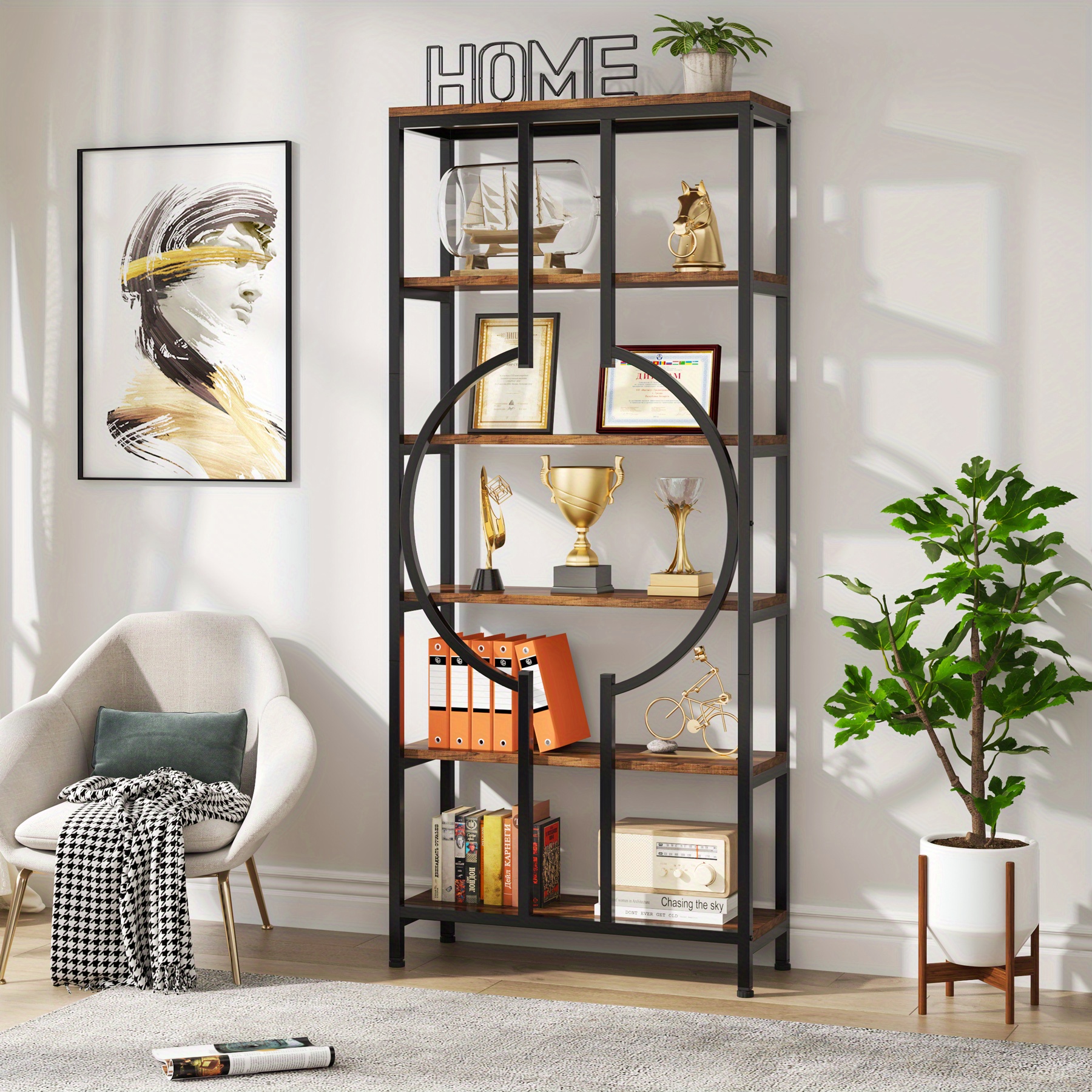 -tier Tall Bookshelf - Wood And Metal Open Shelf Storage Unit, Decorative Book Shelving For Living Room And Home Office