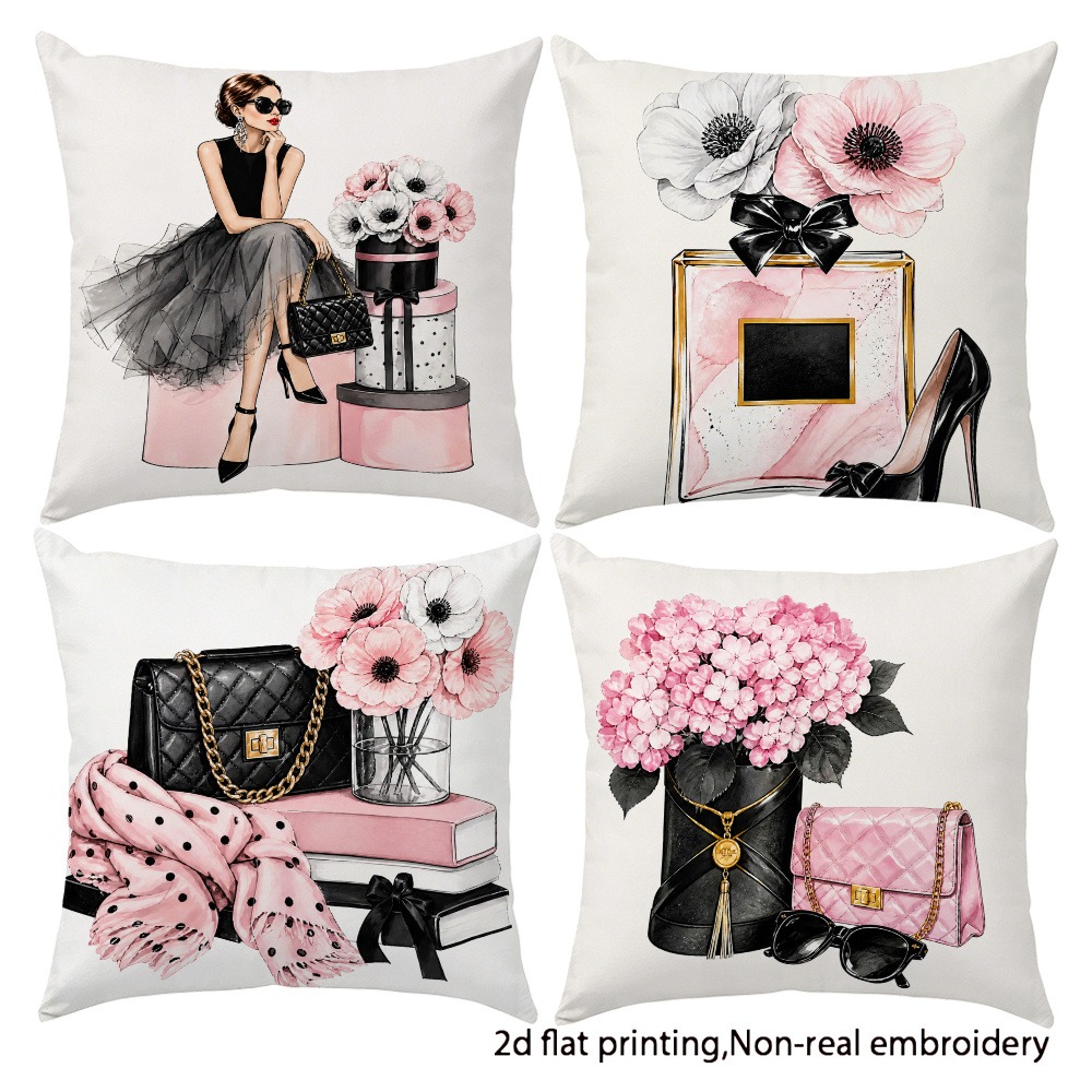 TEMU 4pcs Set Of Stylish And Elegant Women's Illustration Pillowcases, Perfume High Heels Floral Light Luxury Cushion Covers, Single-sided Square