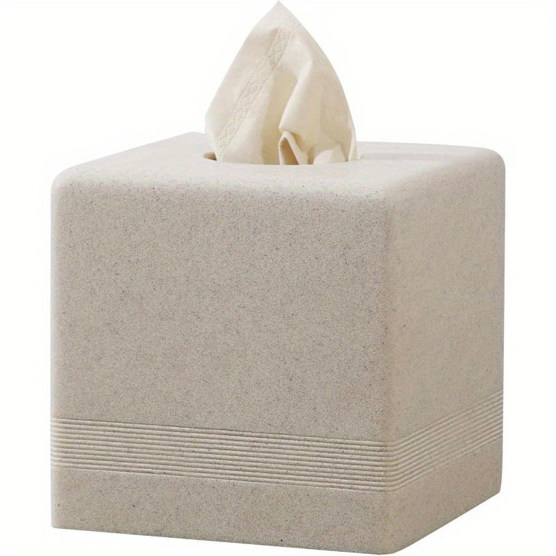   resin tissue box cover & dispenser - beige with white trim, durable rectangular holder with rounded corners, space-saving design for bathroom, kitchen, living room, office - decorative toilet paper storage in beige,, brown, gray tones - easy to clean & scratch-resistant, tissue holder bathroom Product details 0