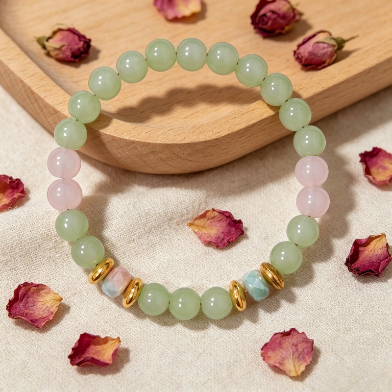 Fresh Light Green Pink Quartz Patchwork Bead Bracelet