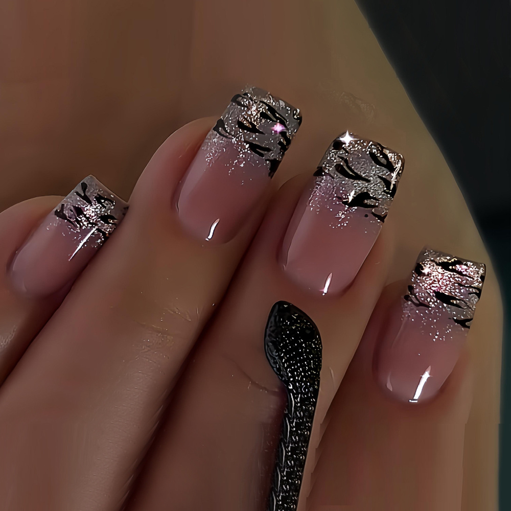 TEMU 24pcs European Turtle Shell Nail Vintage Leopard Print Shiny Glitter High-end Fake Nails Elegant Leopard Pattern Glossy Set Suitable For Spring