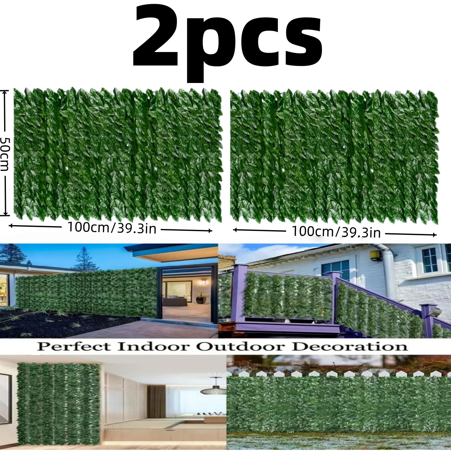 TEMU 2pcs Set = Total Length 200 Cm] Artificial Green Simulation Leaf Fence, Weather-resistant Plastic Material, Decorative Outdoor Wall Blocks For