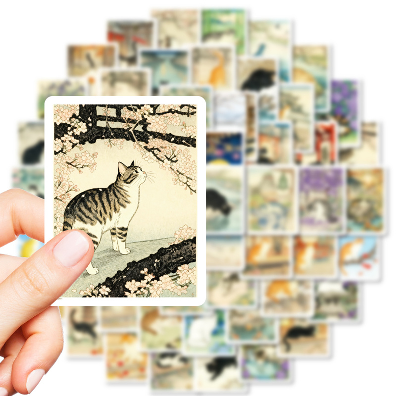 E-shop 56 Stück Katzen -E Aufkleber im japanischen Stil mit saisonalen Landschaften für künstlerische Dekoration in Journals