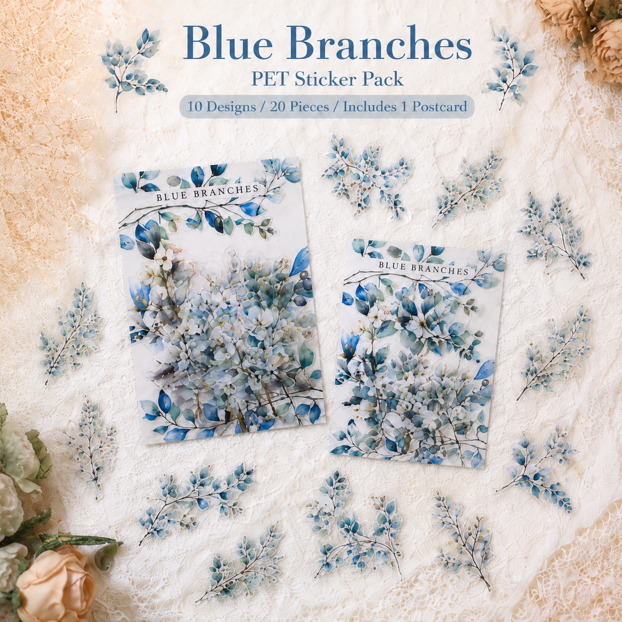 Image of 20pcs 10 Designs And Floral Branch Stickers, Blue Branches Pet Sticker Pack, Transparent Die-cut Botanical Stickers For Journaling, Scrapbooking, Planner, Card Making, Crafts
