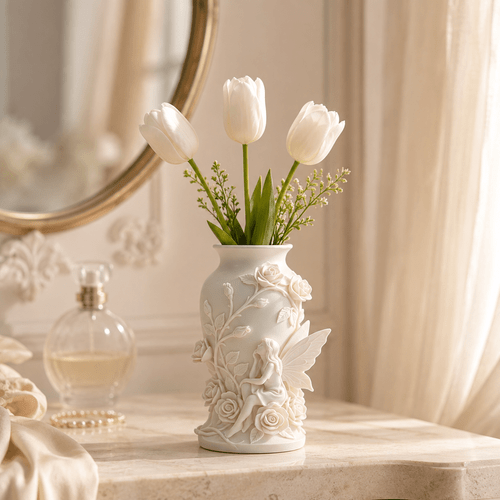 white 3d printed fairy flower vase romantic rose floral vase with winged fairy relief for tulips artificial flowers and decorative arrangements elegant tabletop centerpiece for living room bedroom entryway wedding and home decor gift gardening