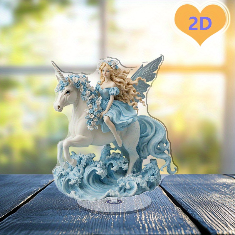 TEMU 2d Flat, 2d Flat 2d Rotating Acrylic Fairy And Unicorn Ocean Scene Desktop Ornament - Elegant Blue Dress, And White Unicorn With Floral