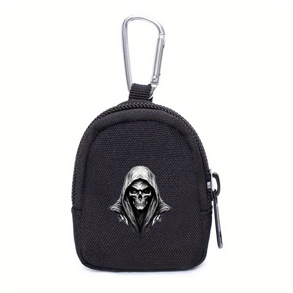 TEMU Compact Coin Purse Featuring A Reaper Skull Design, Ideal For Camping, Fishing, And Storing , Keys, And Earphones. In A Sporty Black With A