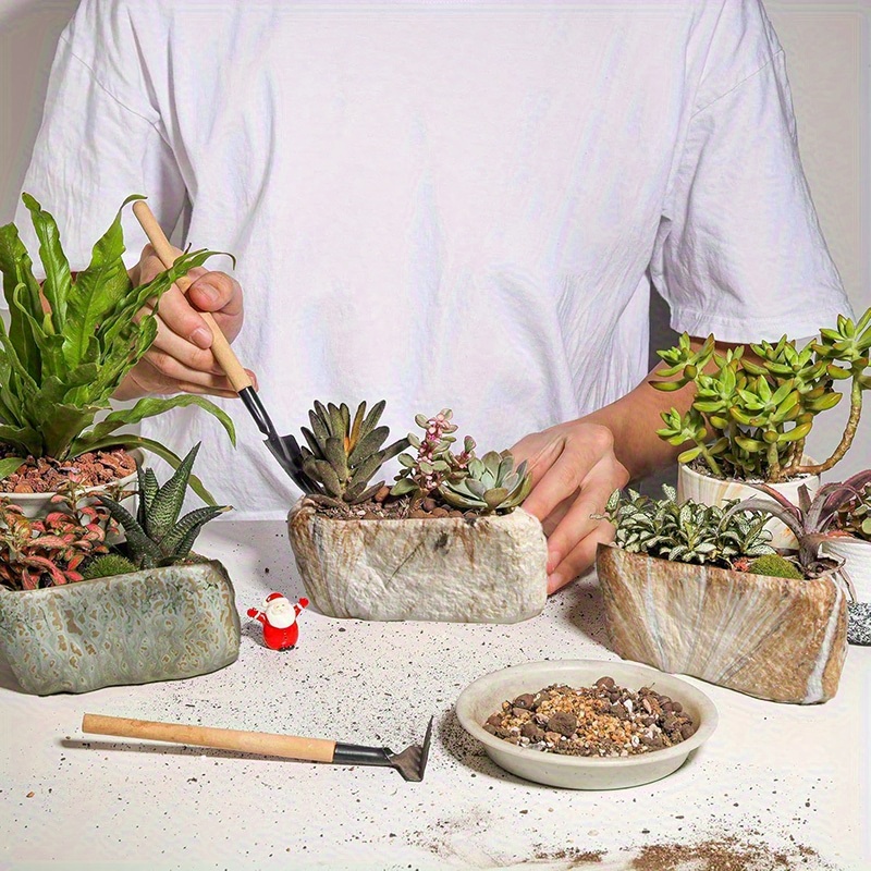 TEMU 3pcs Natural Stone Print Ceramic Planters- Rectangular Succulent& Flower Pots With Drainage Holes, Indoor/outdoor Use For Desk, Window Sill,