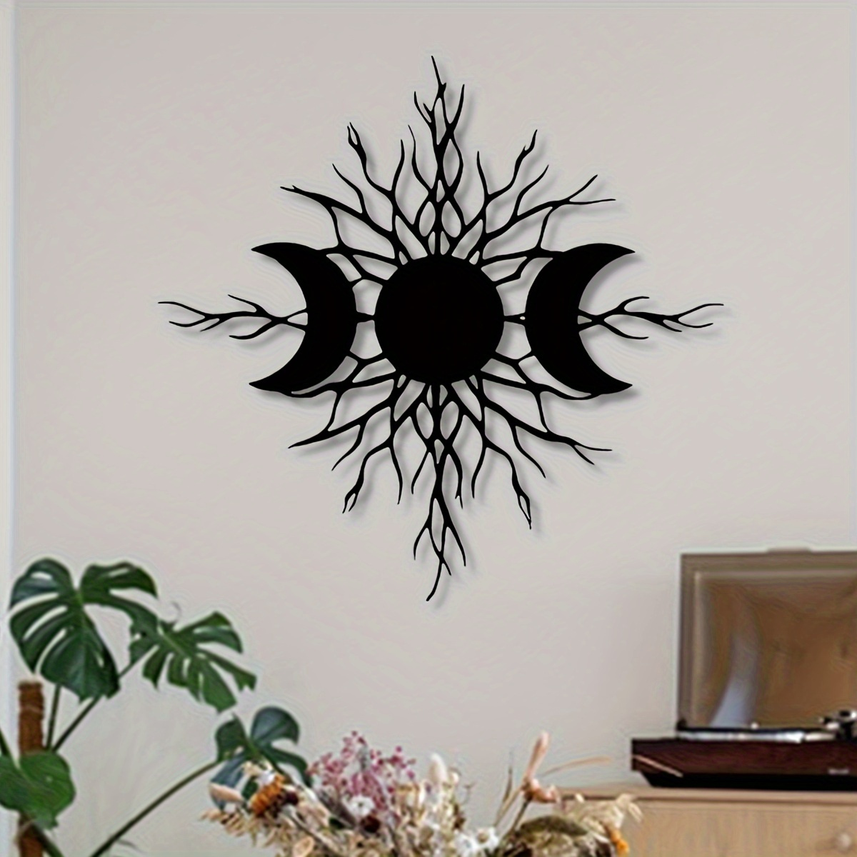 TEMU [2D Plat] 1pc Art Mural Acrylique Croissant Noir - Design Arbre Phases Lunaires avec Soleil et Foliage, Sculpture Murale Mystique, Décoration