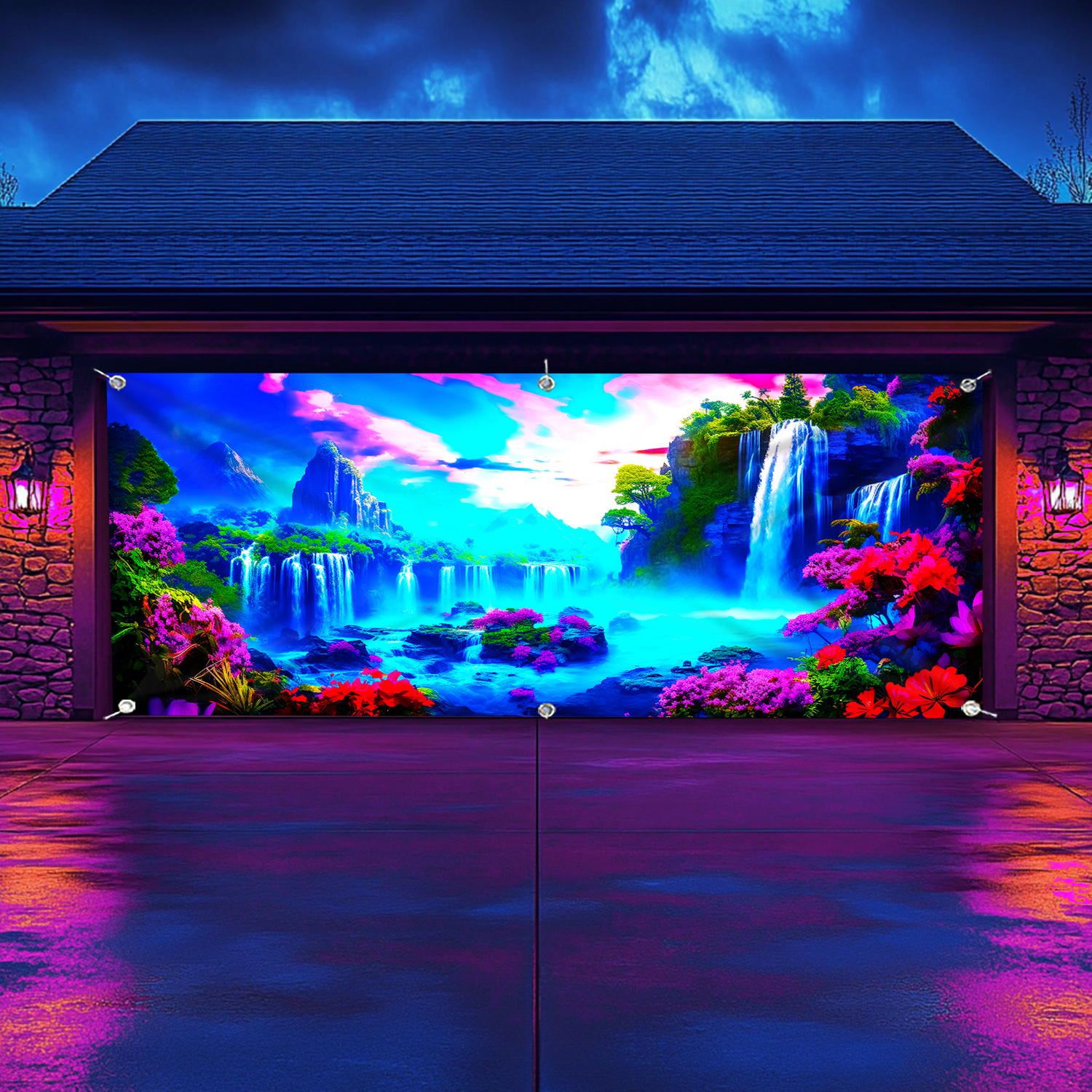 [1pc UV Floral Banner] 1pc Large UV-Activated Floral Waterfall Garage Door Banner | Fluorescent Fabric Wall Decor with Vibrant Nature & Landscape Design | No Power Needed for Parties, Photography Studios, Outdoor Events, Parties Decorations, Party Decoration, Outdoor Festive Decor, Uv Light Display
