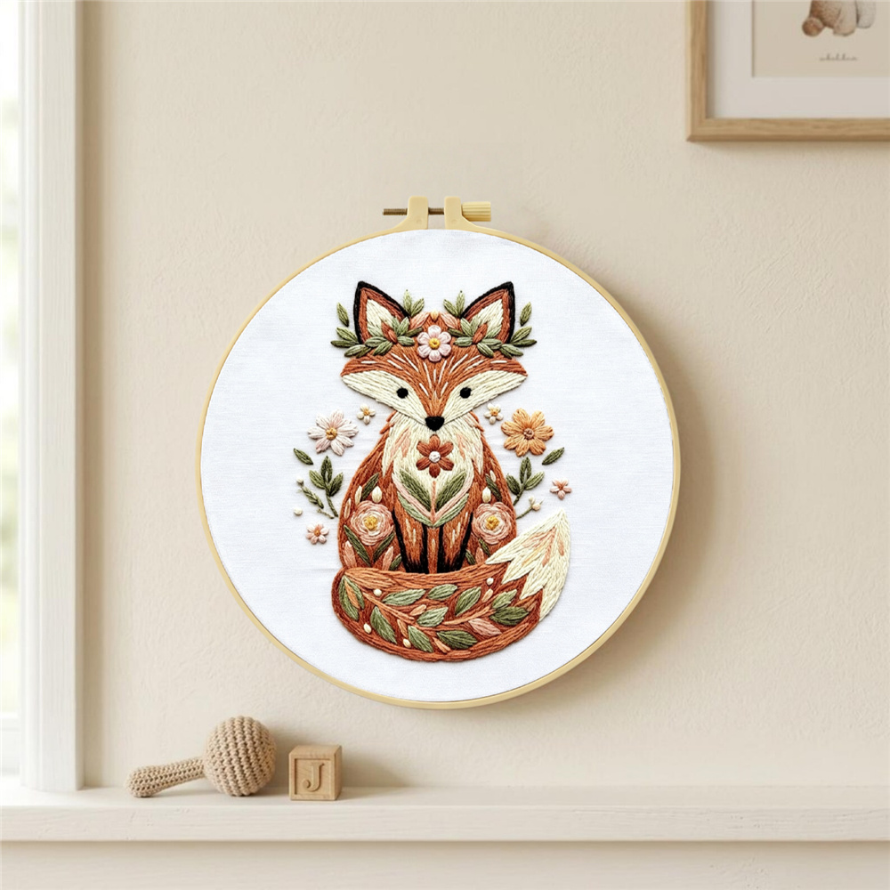 Fox Autumn Fall Pattern Handmade Embroidery Kit