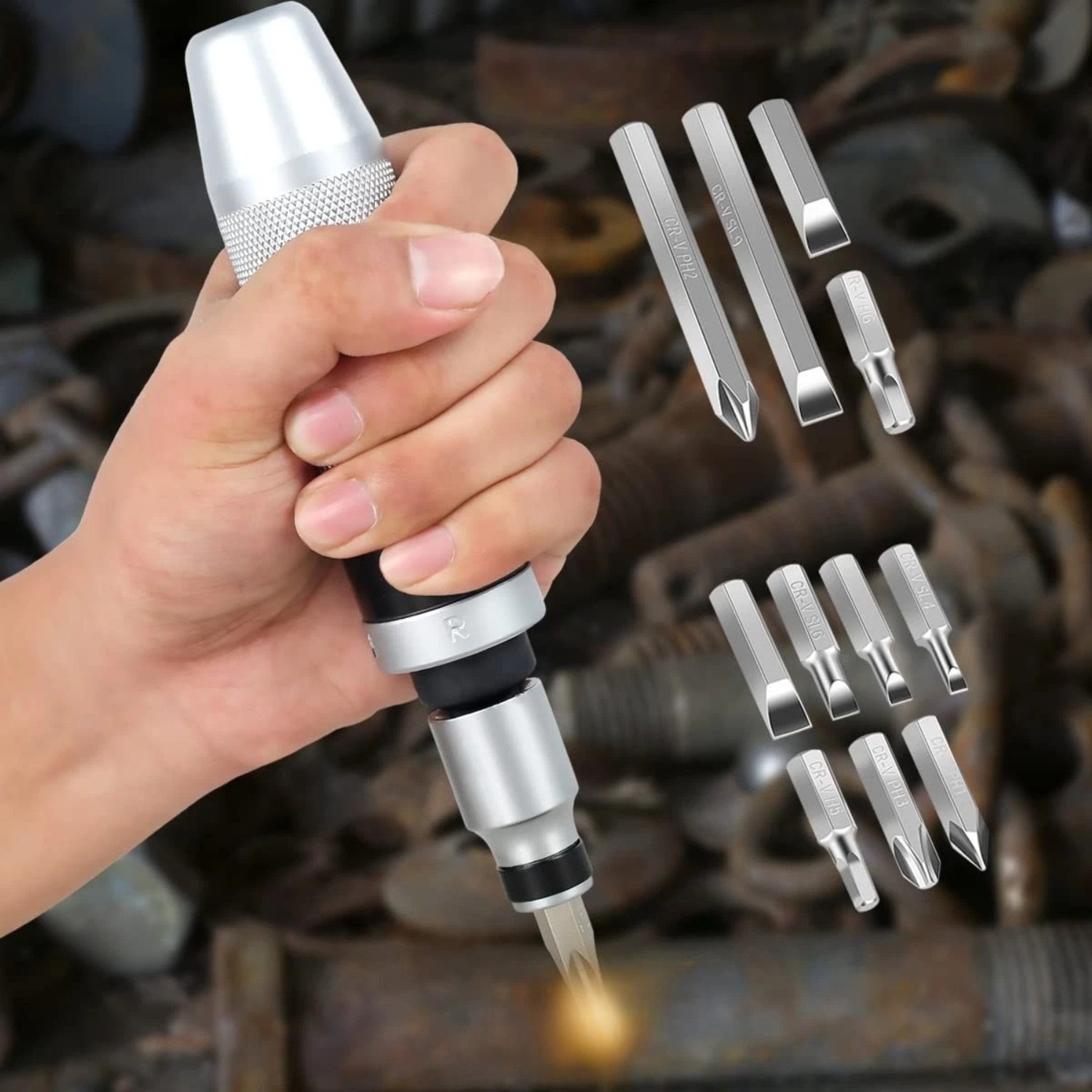 Image of 1/ 2' Handheld Impact Screwdriver Set With 12 Bits Vanadium Steel For Rusty Screws Auto Repair Disassembly Storage Case
