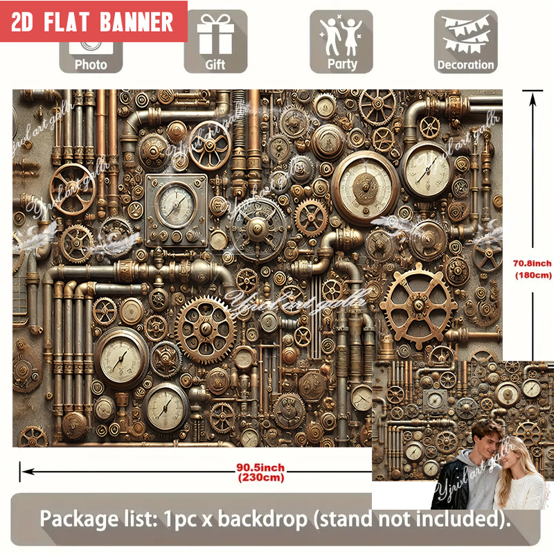 TEMU 2d Flat, 1pc Large Steampunk Banner With Intricate Gears, Pipes & Vintage Clocks - Design Wall Hanging Suitable For Weddings, Birthdays,