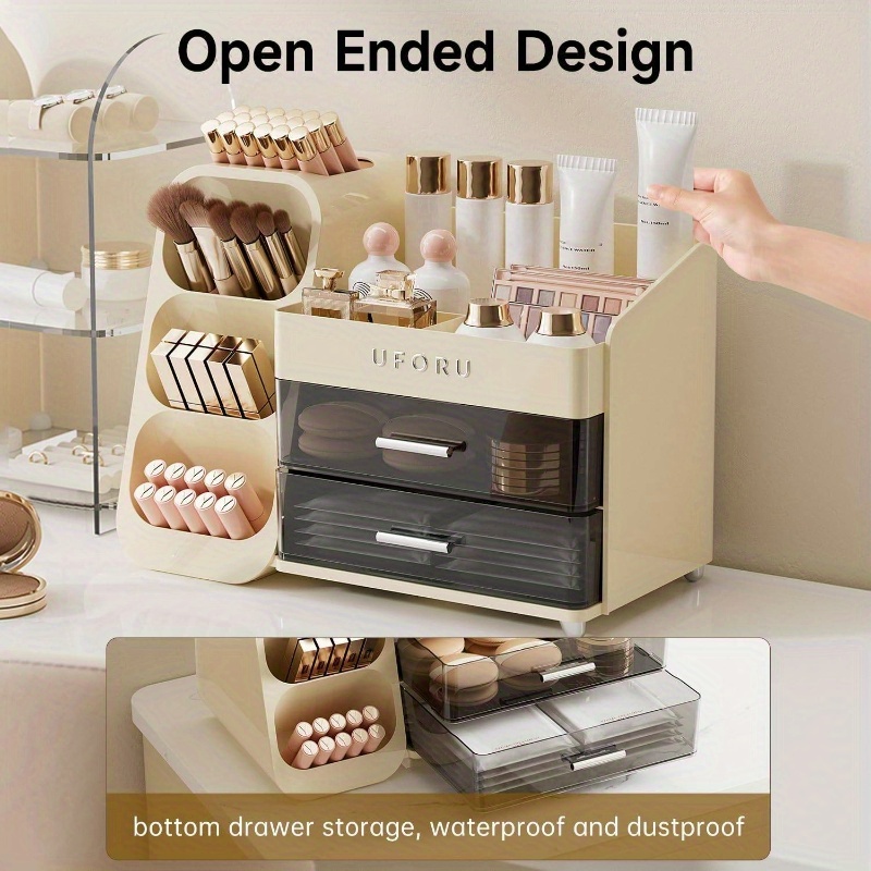 makeup organizer vanity with brush holder, countertop organizer with 2 drawers,   cosmetic display  , skincare, lipstick, makeup organizer with  , cosmetics storage organizer, makeup storage box, makeup organizers and storage, skincare storage, compact beauty display, modern vanity tray, lightweight storage solution, rustresistant organizer, makeup brush holder, skincare routine, makeup artists Product details 3