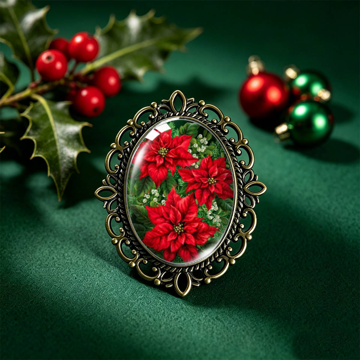 TEMU Broche de cristal con encaje ovalado de vintage, 1 pieza, con ramo realista de flor de pascua , gypsophila blanca y hojas verdes, de flores
