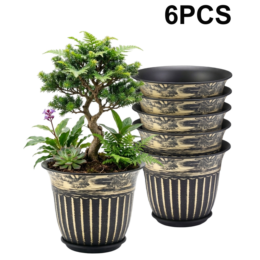 TEMU 6pcs Roman Column Pattern Flower Pot Set (6pcss Planters And 6pcss Trays) 7.8inch Outdoor Indoor Planters, Drainage Holes And Tray Flower Pots,