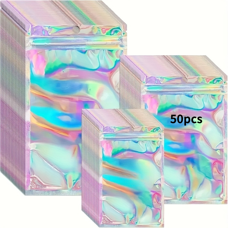 TEMU 50pcs Pack Of Transparent Laser- Resealable Bags. Holographic Laser Storage Bags, Accessory Packaging And Storage Bags, Jewelry And Nail Art