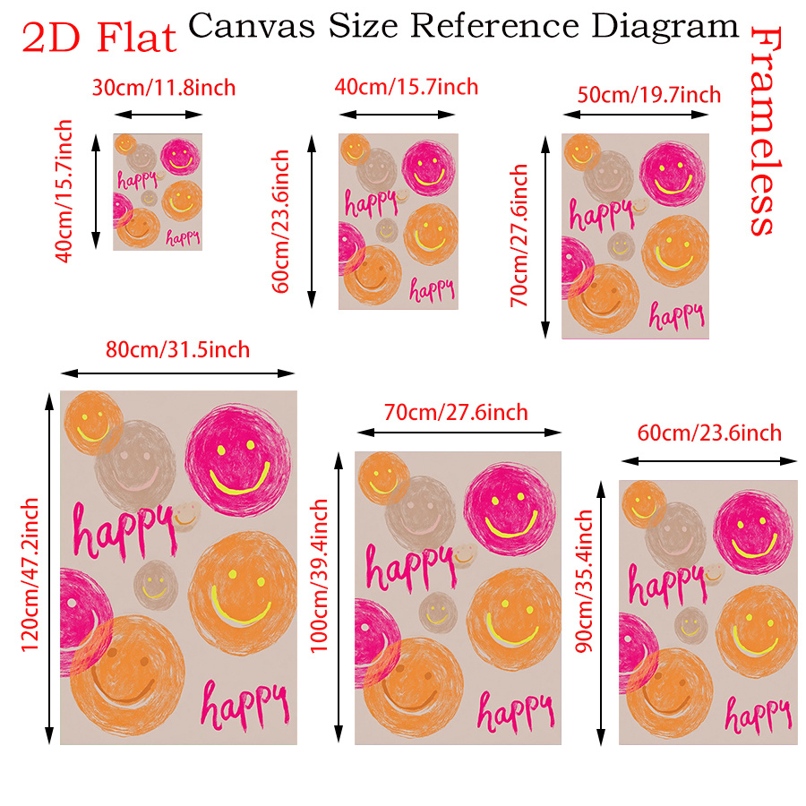 E-shop 2D Flach, 2D Flach, 2D Flach 1 Stück Rahmenloses Leinwandbild mit einem 2D-Flachdesign fröhlichen Smiley-Gesichts, lebendig und , für die