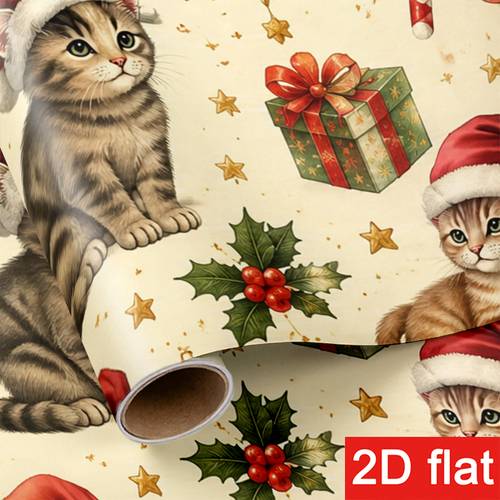 öğe resmi 2d düz 1 rulo 50x300cm (19.7x118.1in) yüksek kaliteli noel hediye paketleme kağıdı, kış partisi için tatil hediye paket kağıdı, krem renkli arka plan üzerinde noel baba şapkalı yavru kedi, süsler, hediyeler, köknar yaprakları, ile (kutu dahil değildir), 2d düz