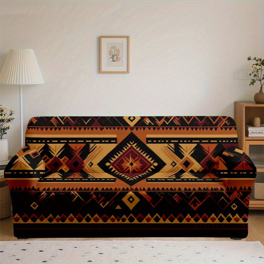 TEMU 1pc Ethnic Style Geometric Patterned Printed Sofa Cover, Suitable For 1 To Four-seater Sofas, Ideal For Decorating Bedrooms, Living Rooms,