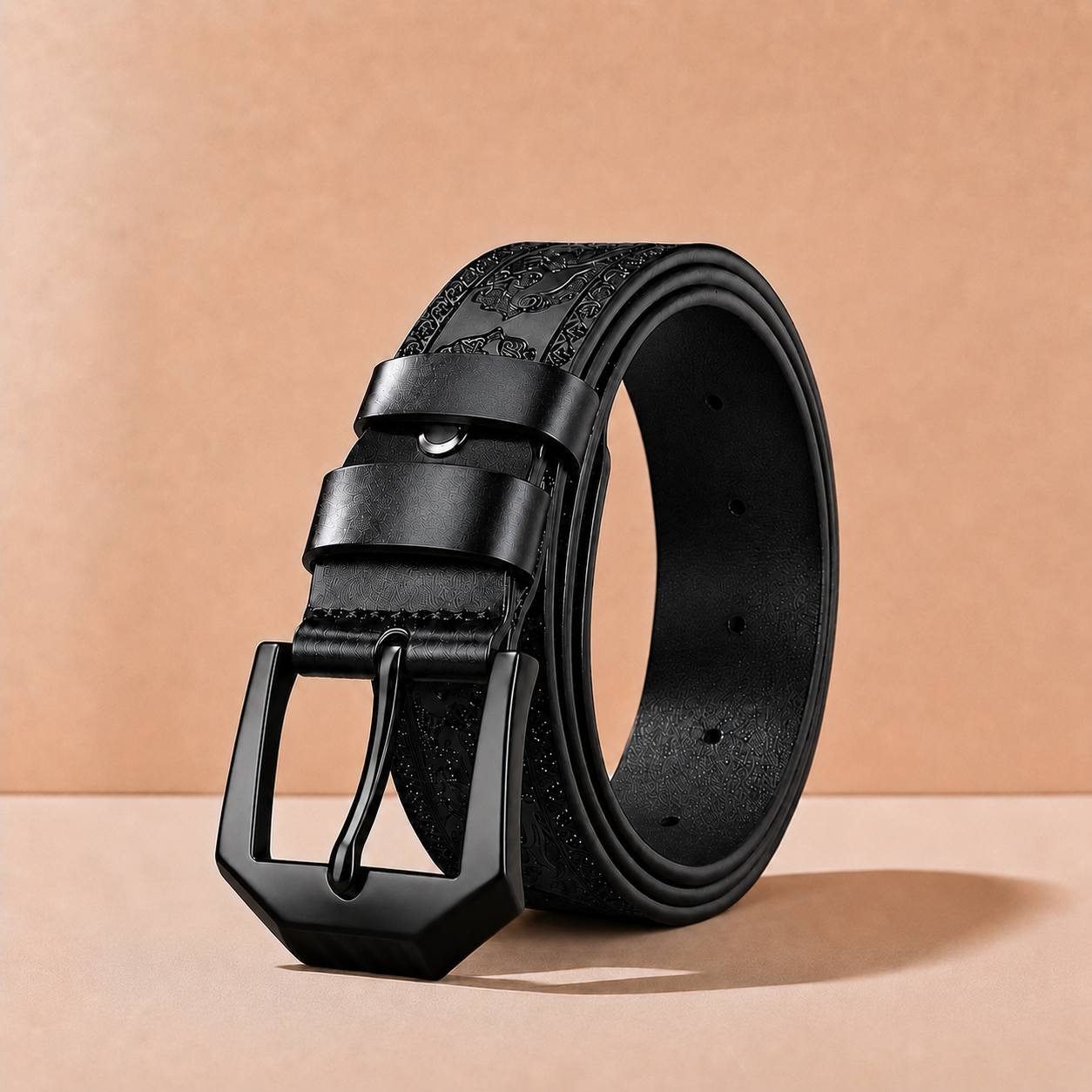 Image of Men's Genuine Leather Belt, Vintage Embossed Western Pin Belt, Adjustable Casual Dress Belt For Jeans, Business Wear And Everyday Outfits