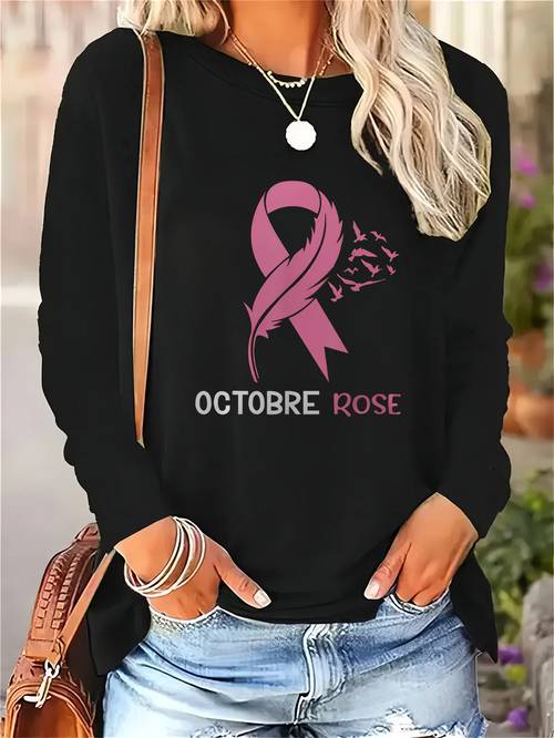 item picture plus size plus size pink ribbon womens size black long sleeve round neck t shirt rose pink breast charity comfortable casual womens top