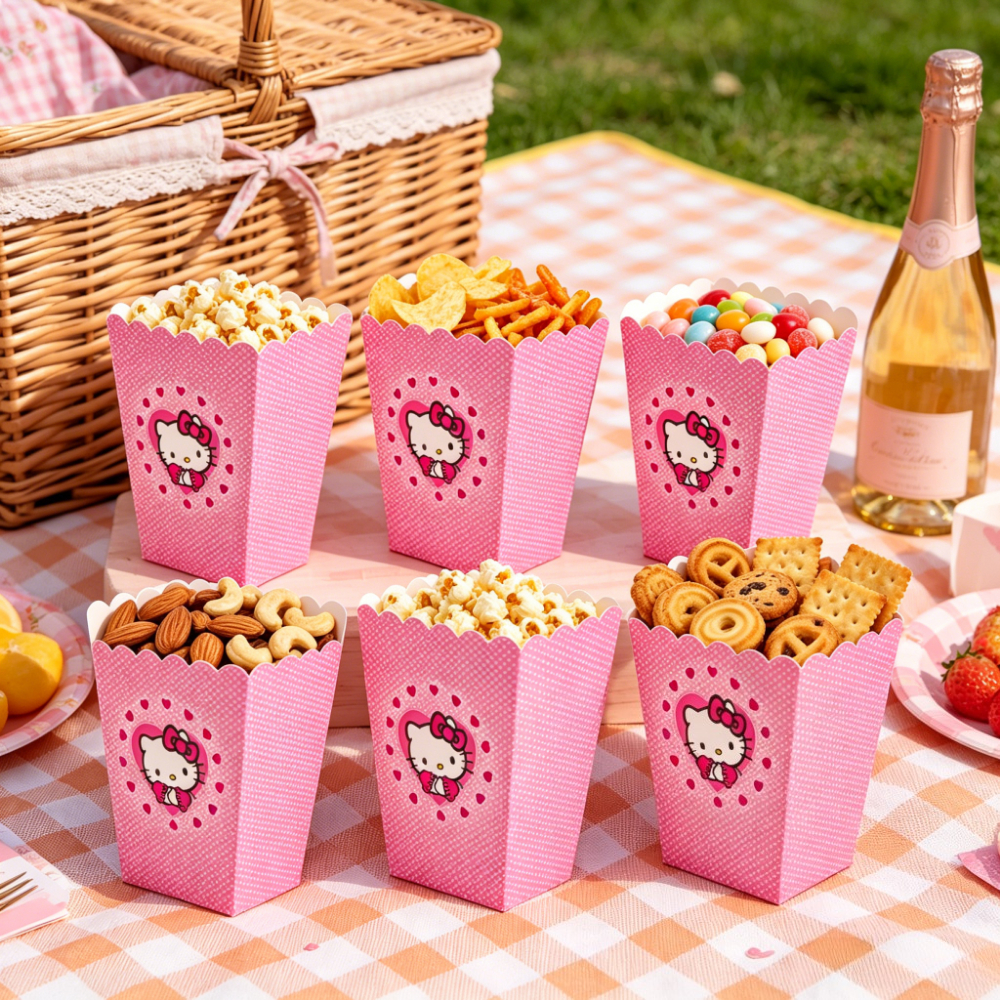 Image of 6pcs Hello Kitty Heart-themed Popcorn Box, & Candy Snack Packaging Box, Takeout Box, Suitable For Birthday Parties, Wedding Banquets, Back-to-school, Graduations, Holiday Decorations, For Christmas