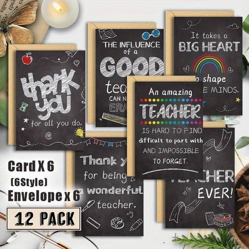 12pcs teacher appreciation cards with envelopes chalkboard design thank you and good teacher messages ideal for end of year graduation or back to school of gratitude teacher gift idea chalkboard theme card with envelope