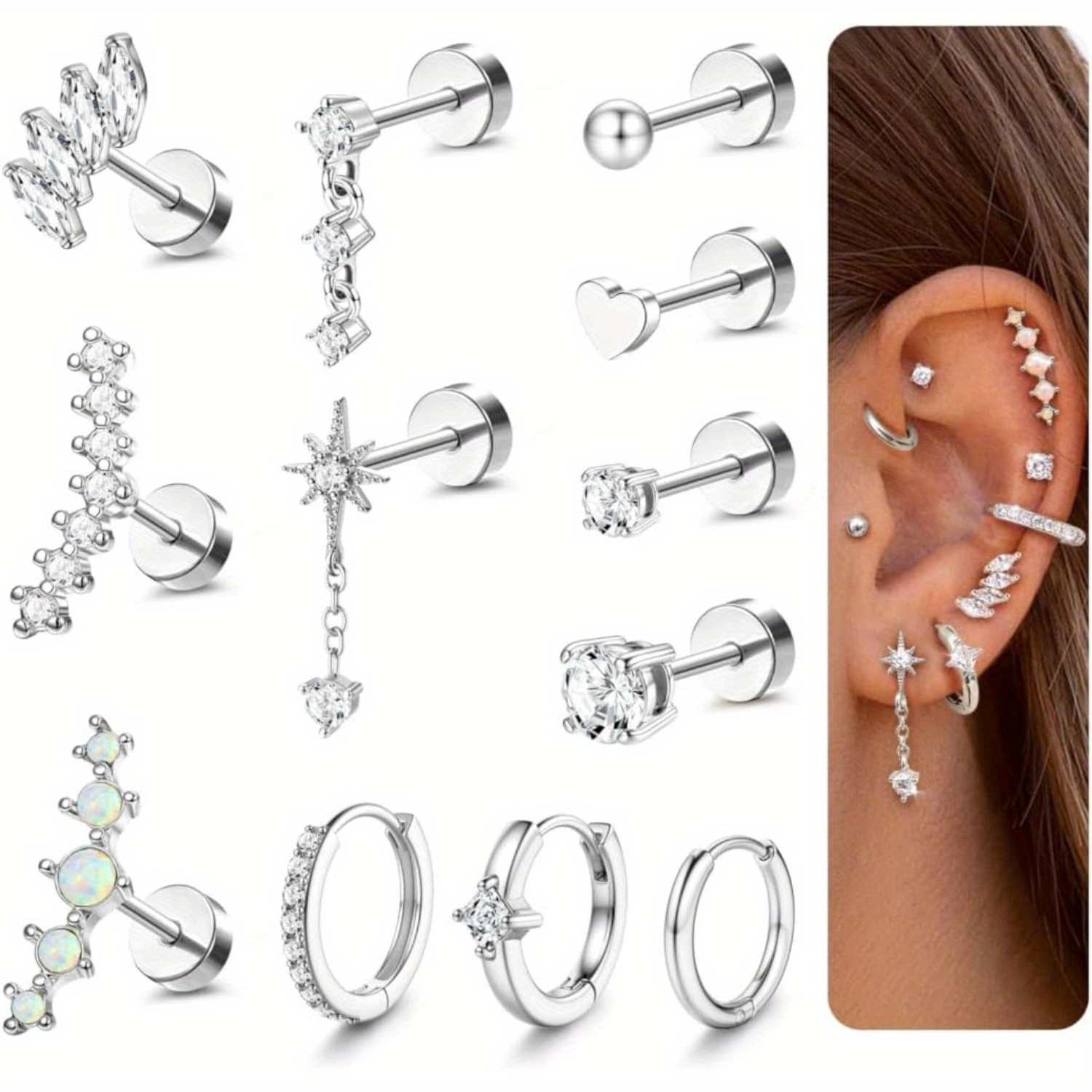 Image of 2d Flat, 12pcs Helix Piercing Jewelry Flat Back Cartilage Earrings For Women Hypoallergenic Surgical Steel Cartilage Hoop Earring Set Daith Tragus Conch Flat Back Stud Earrings