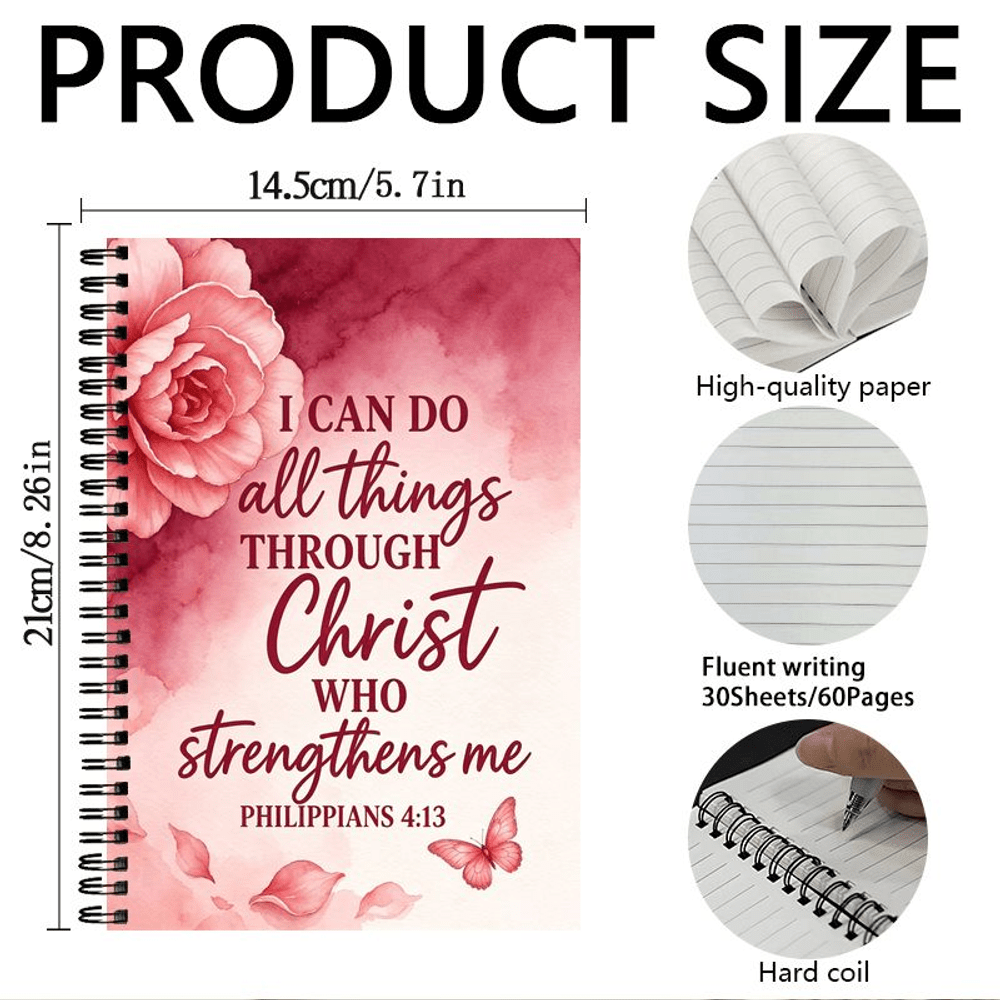 TEMU 1pc Inspirational Floral Spiral Notebook, Christian Faith Bible Verse Philippians 4:13 Strengthens , Religious Motivational Writing Diary For