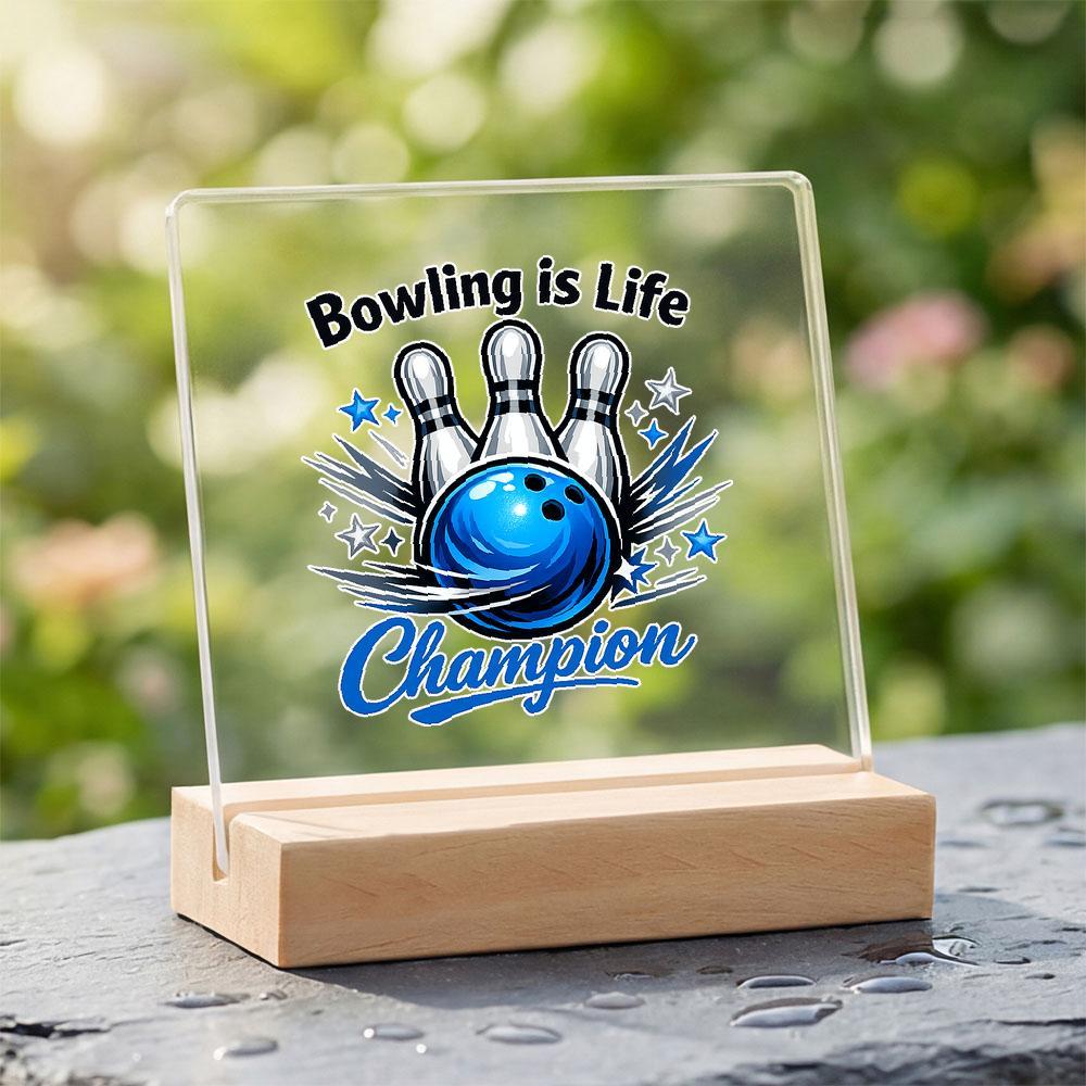 E-shop 2D-flache Bowling-Präsentationsplakette mit Sockel – Acryl-Auszeichnung mit Bowlingkugel & Pins, geeignet für Bowling-Turniere, Ligameister,