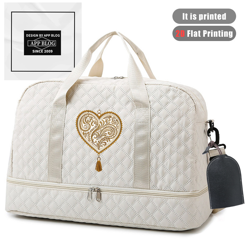 2pcs Heart Of Golden Pattern Women's Shoulder Bag Travel Bag Duffel Bag With Black Key Organizer Large Capacity Gym Bag Independent Shoe Compartment Casual Duffel Bag - Small Key Storage Pouch