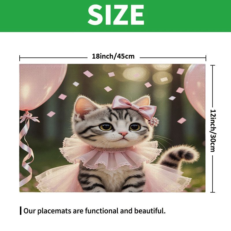 Lot de 1/4/6 sets de table rectangulaires - 30,48 x 45,72 cm - Sets de table rose chaton pour anniversaire avec motif 2D, sets de table en polyester résistant et lavable_voghion.com